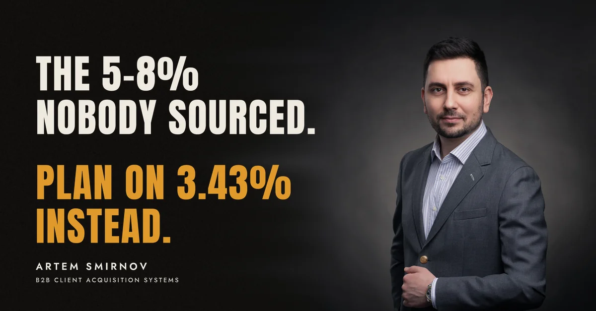 Artem Smirnov in a dark suit against a charcoal studio backdrop, next to the line 'THE 5-8% NOBODY SOURCED. Plan on 3.43% instead.'