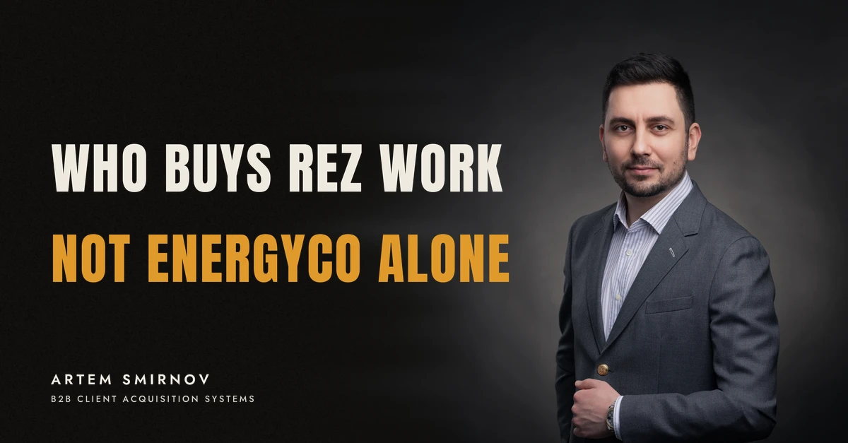Artem Smirnov in a dark suit against a charcoal studio backdrop, next to the line 'WHO BUYS REZ WORK. Not EnergyCo alone'