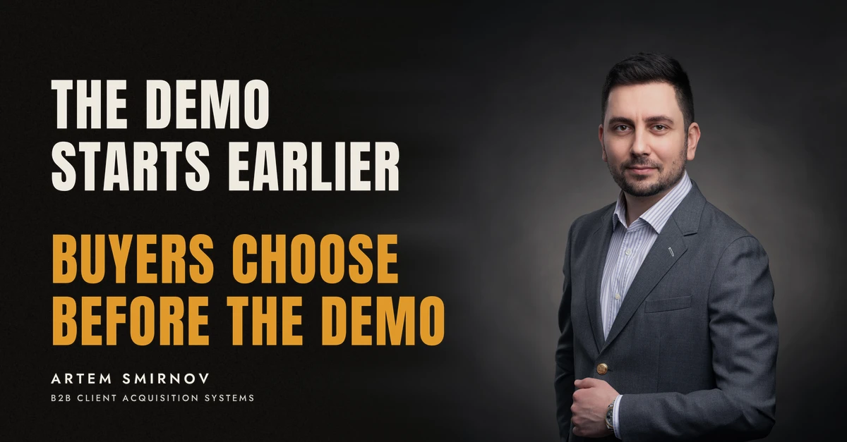 Artem Smirnov in a dark suit against a charcoal studio backdrop, next to the line 'THE DEMO STARTS EARLIER. Buyers choose before the demo'