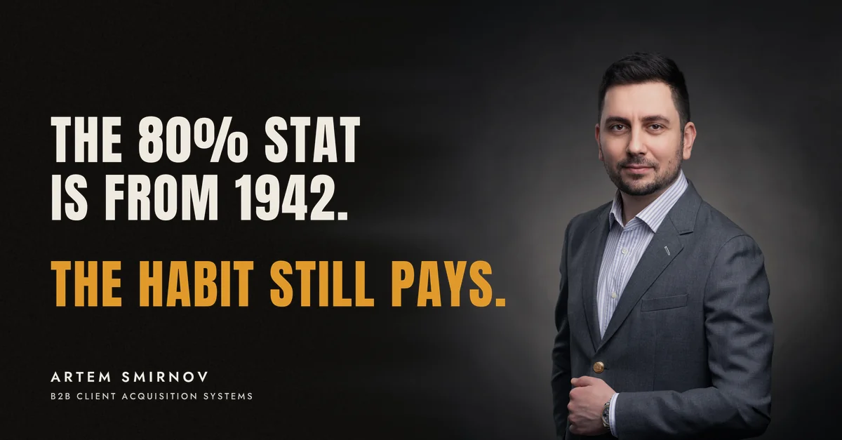 Artem Smirnov in a dark suit against a charcoal studio backdrop, next to the line 'The 80% stat is from 1942. The habit still pays.'