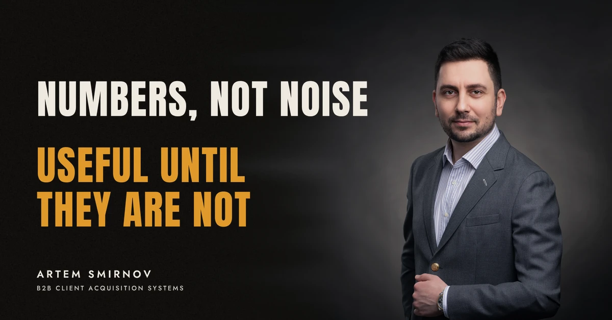 Artem Smirnov in a dark suit against a charcoal studio backdrop, next to the line 'NUMBERS, NOT NOISE. Useful until they are not'