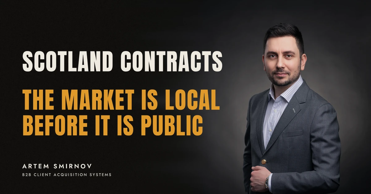 Artem Smirnov in a dark suit against a charcoal studio backdrop, next to the line 'SCOTLAND CONTRACTS. The market is local before it is public'