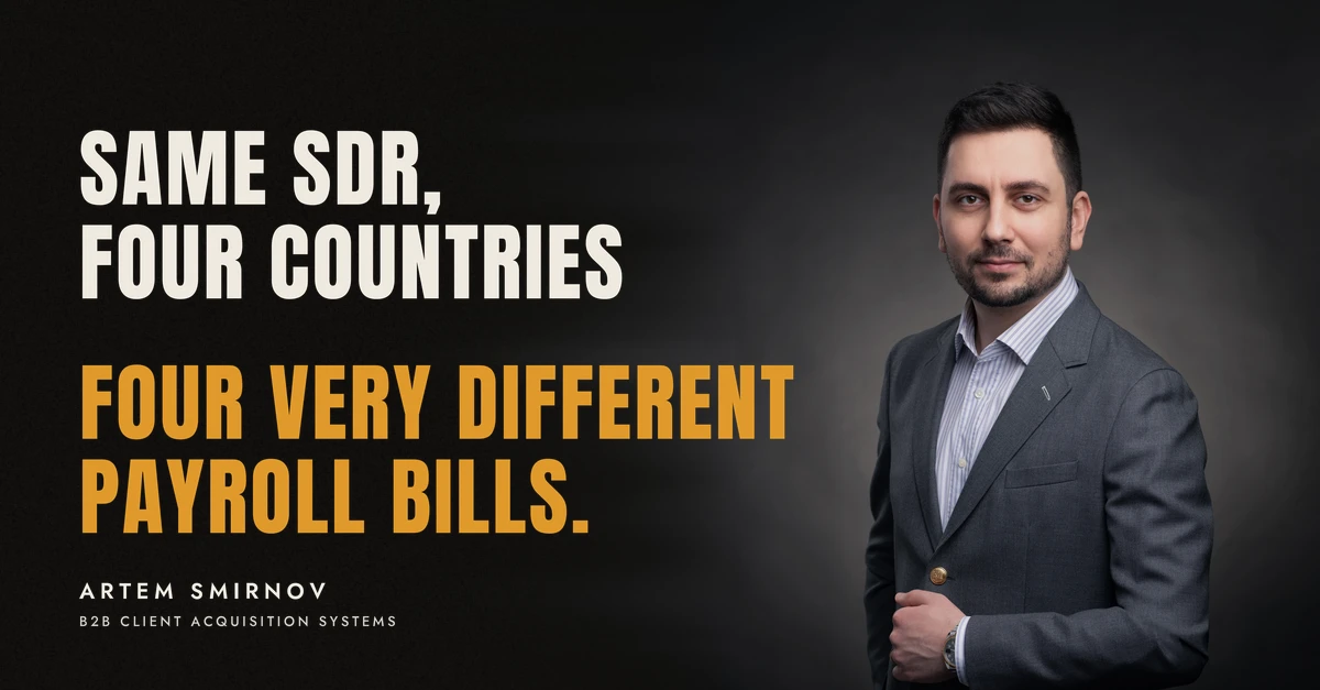 Artem Smirnov in a dark suit against a charcoal studio backdrop, next to the line 'Same SDR, four countries. Four very different payroll bills.'