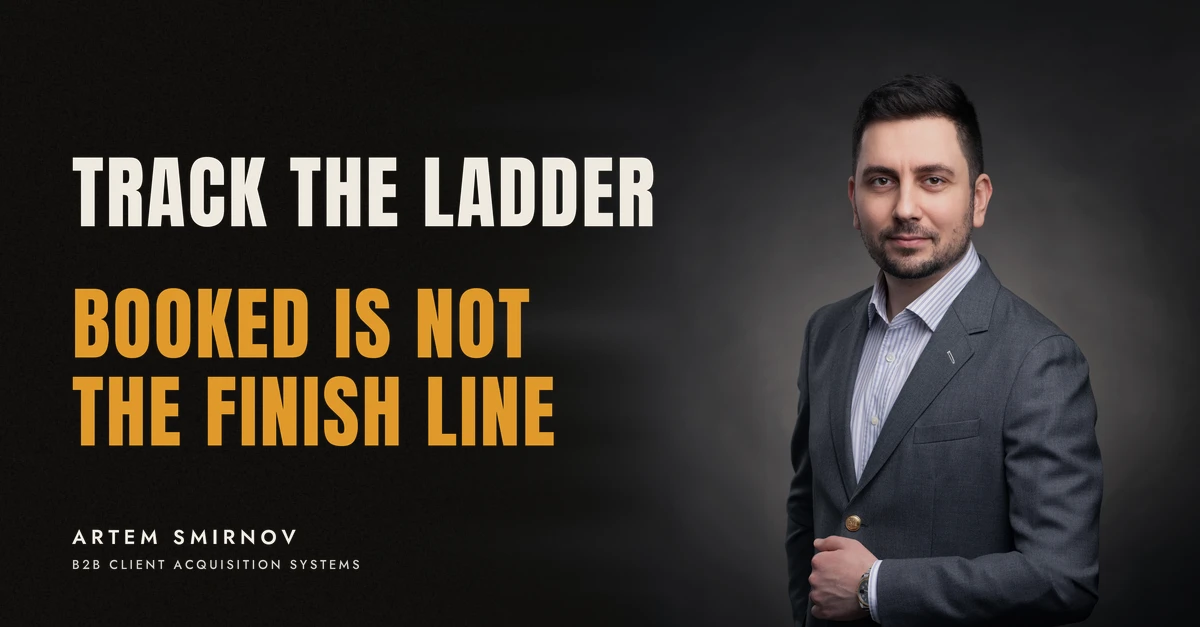 Artem Smirnov in a dark suit against a charcoal studio backdrop, next to the line 'TRACK THE LADDER. Booked is not the finish line'