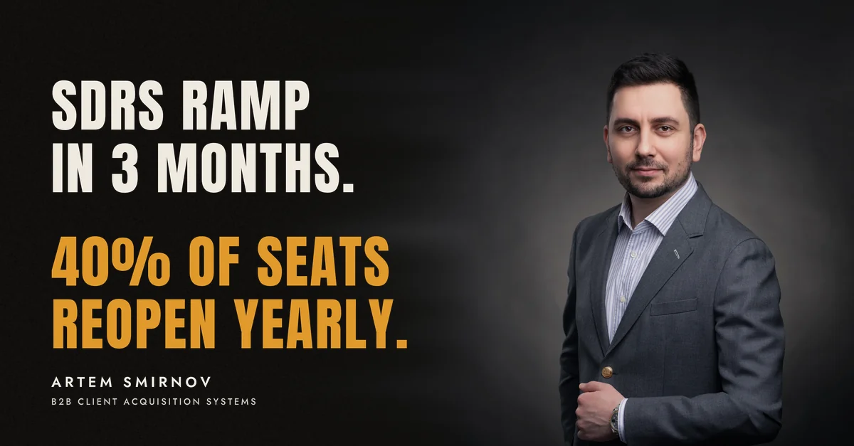 Artem Smirnov in a dark suit against a charcoal studio backdrop, next to the line 'SDRs ramp in 3 months. 40% of seats reopen yearly.'