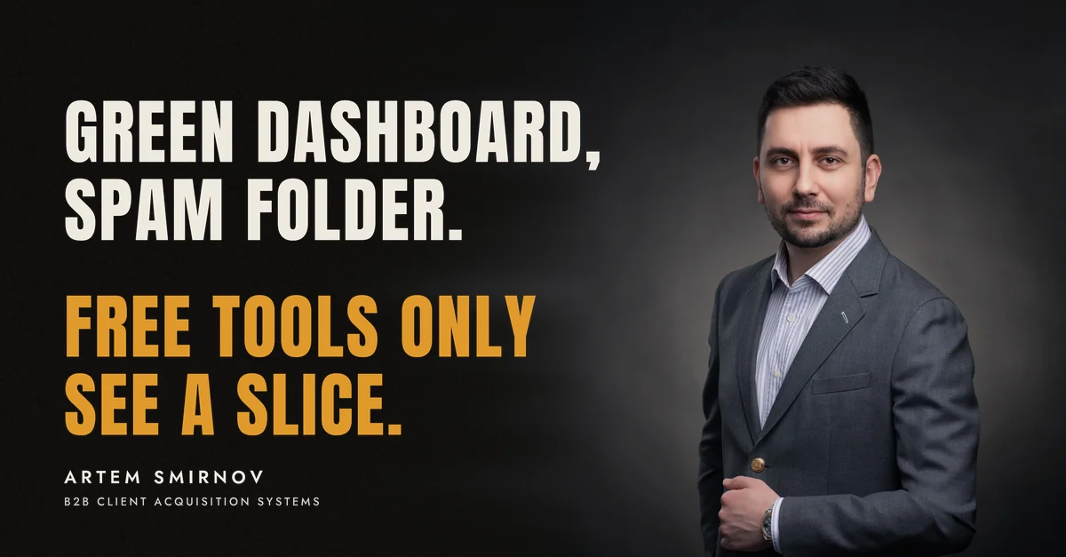 Artem Smirnov in a dark suit against a charcoal studio backdrop, next to the line 'GREEN DASHBOARD, SPAM FOLDER. Free tools only see a slice.'
