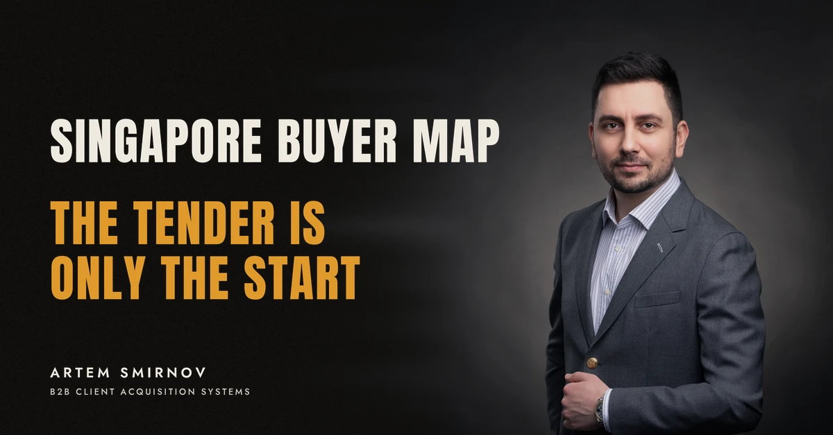 Artem Smirnov in a dark suit against a charcoal studio backdrop, next to the line 'SINGAPORE BUYER MAP. The tender is only the start'