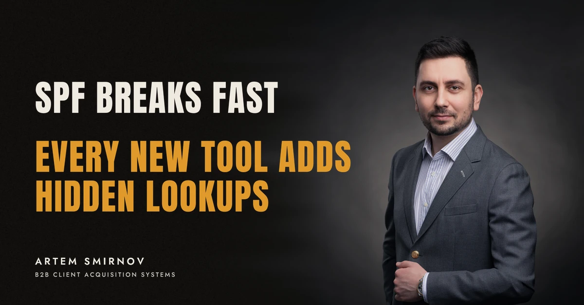 Artem Smirnov in a dark suit against a charcoal studio backdrop, next to the line 'SPF BREAKS FAST. Every new tool adds hidden lookups'