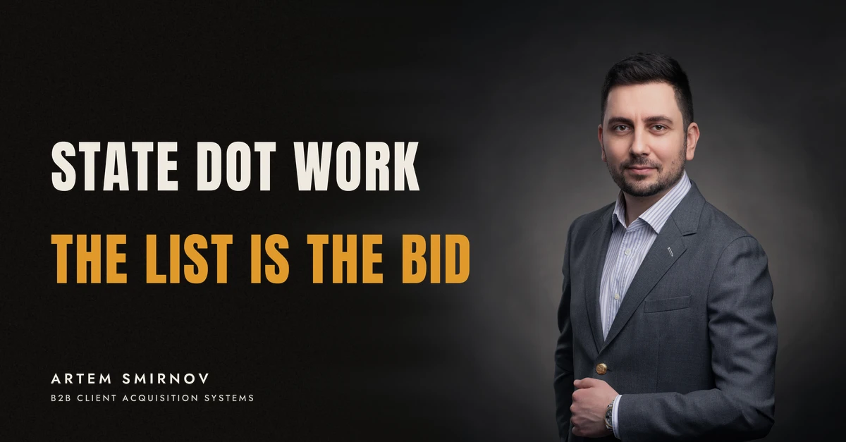 Artem Smirnov in a dark suit against a charcoal studio backdrop, next to the line 'STATE DOT WORK. The list is the bid'