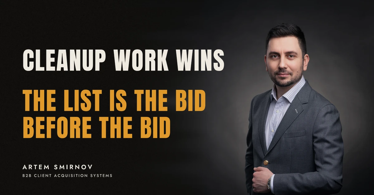 Artem Smirnov in a dark suit against a charcoal studio backdrop, next to the line 'CLEANUP WORK WINS. The list is the bid before the bid'