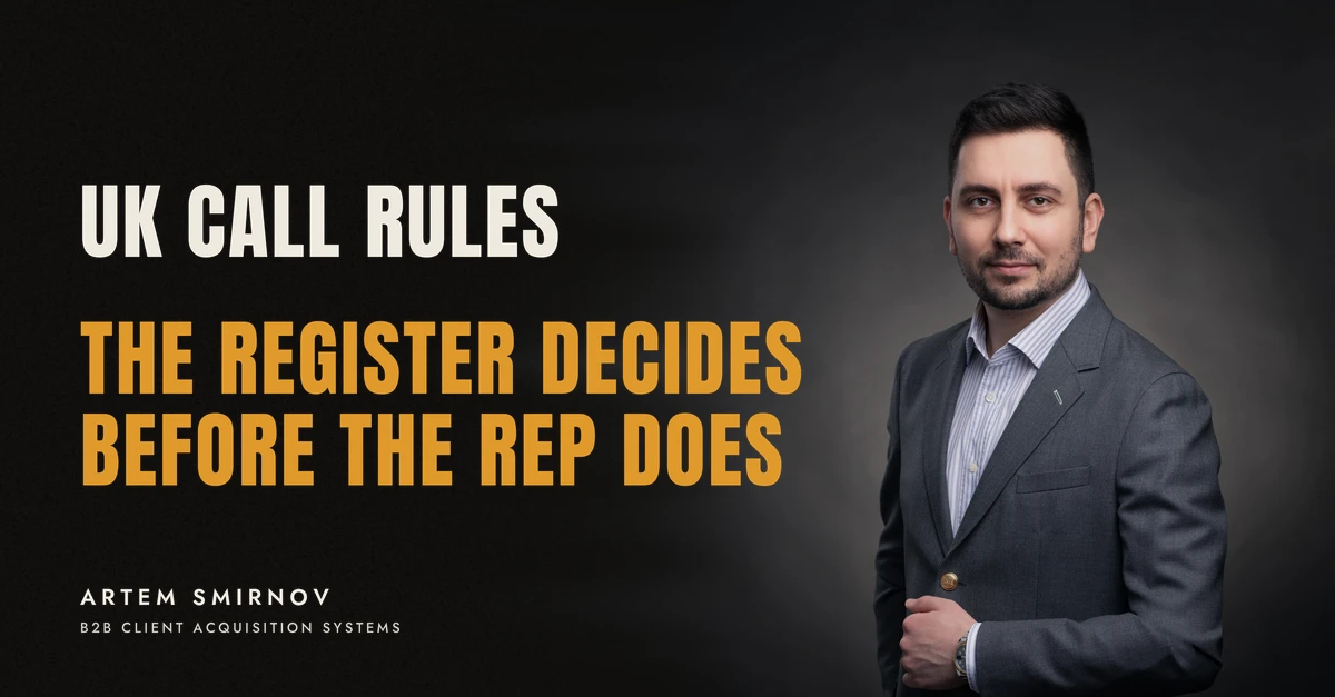 Artem Smirnov in a dark suit against a charcoal studio backdrop, next to the line 'UK CALL RULES. The register decides before the rep does'