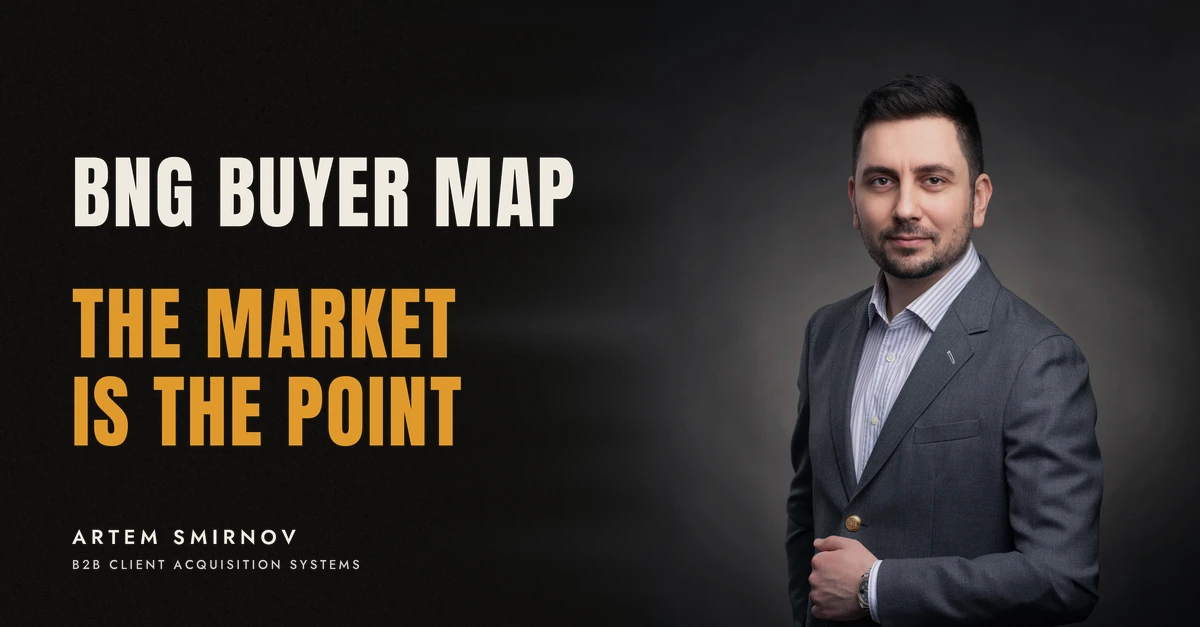 Artem Smirnov in a dark suit against a charcoal studio backdrop, next to the line 'BNG BUYER MAP. The market is the point'