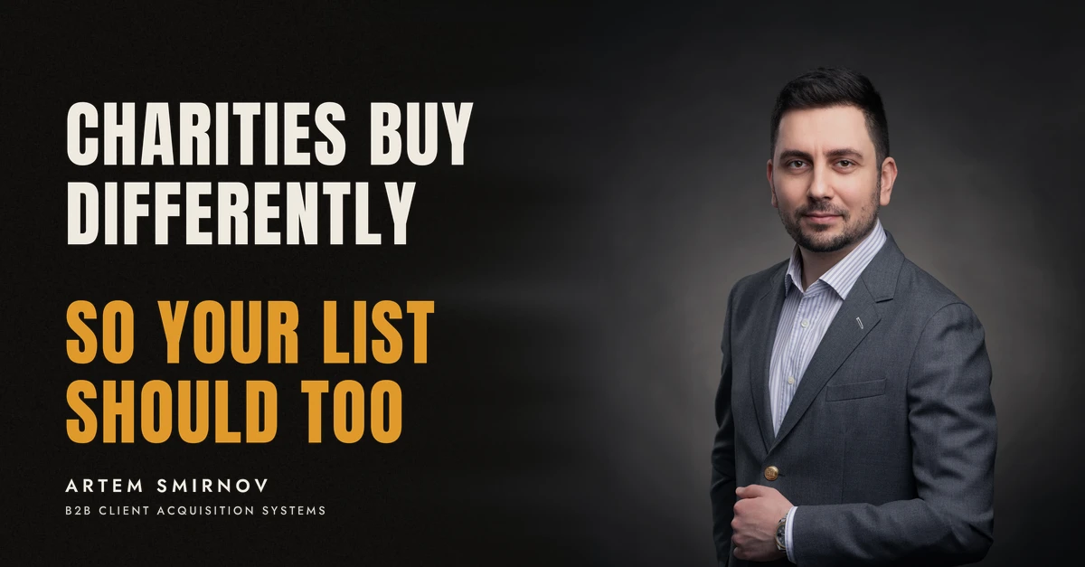 Artem Smirnov in a dark suit against a charcoal studio backdrop, next to the line 'CHARITIES BUY DIFFERENTLY. So your list should too'