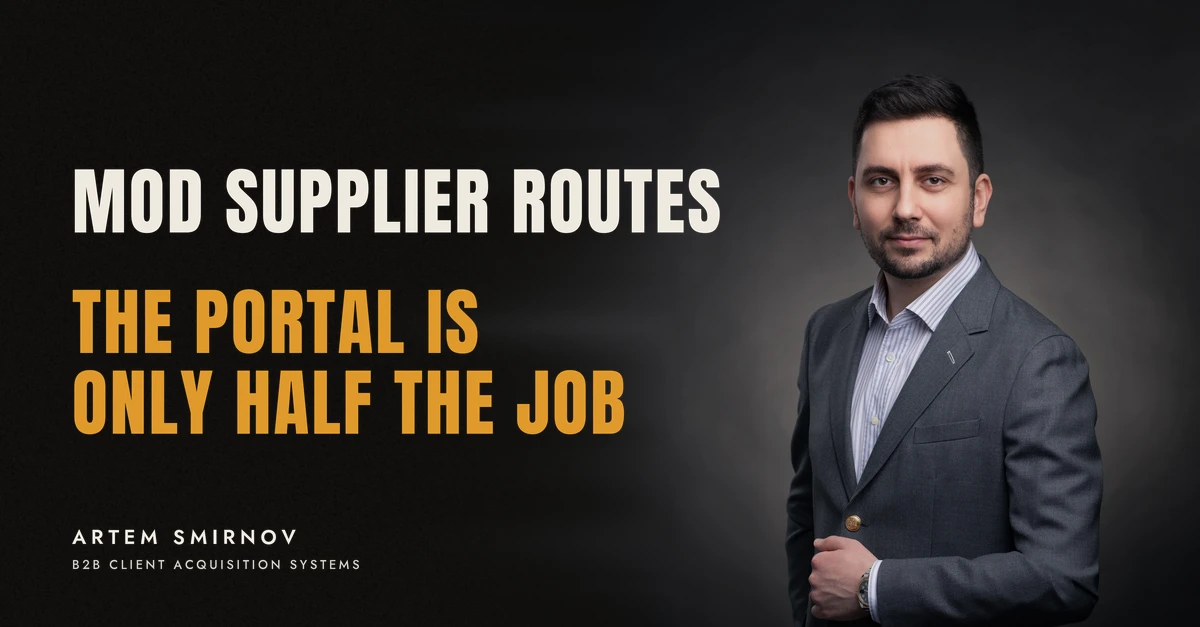 Artem Smirnov in a dark suit against a charcoal studio backdrop, next to the line 'MOD SUPPLIER ROUTES. The portal is only half the job'
