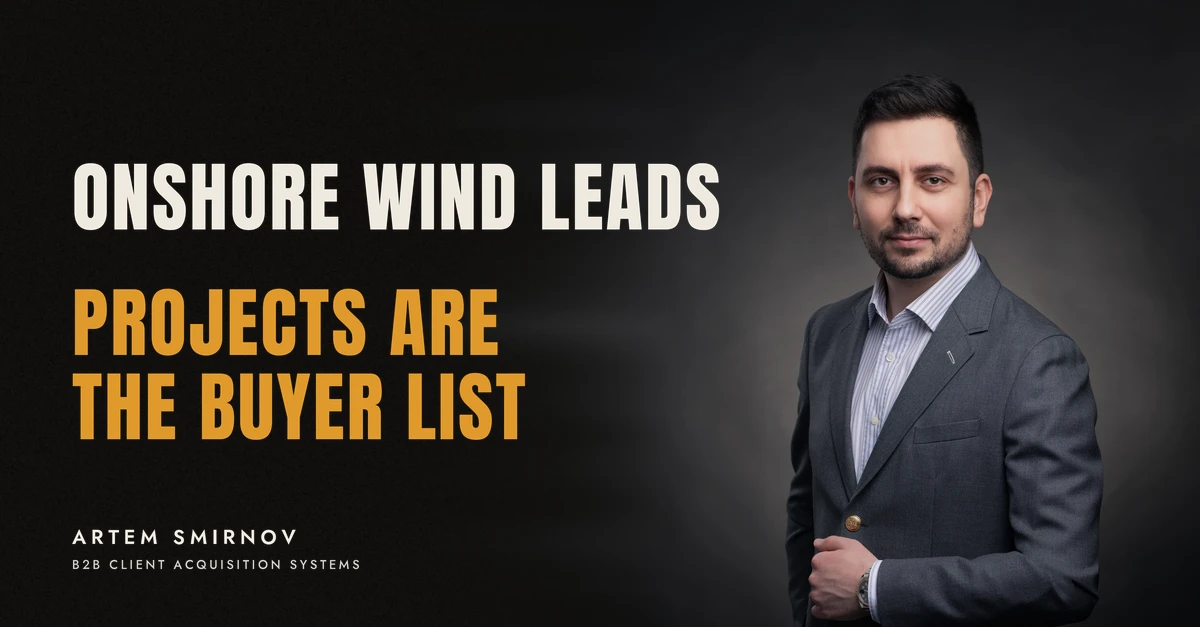 Artem Smirnov in a dark suit against a charcoal studio backdrop, next to the line 'ONSHORE WIND LEADS. Projects are the buyer list'