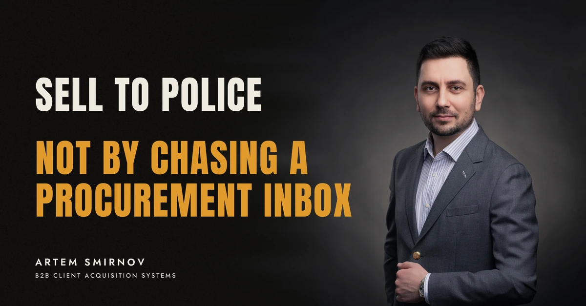 Artem Smirnov in a dark suit against a charcoal studio backdrop, next to the line 'SELL TO POLICE. Not by chasing a procurement inbox'