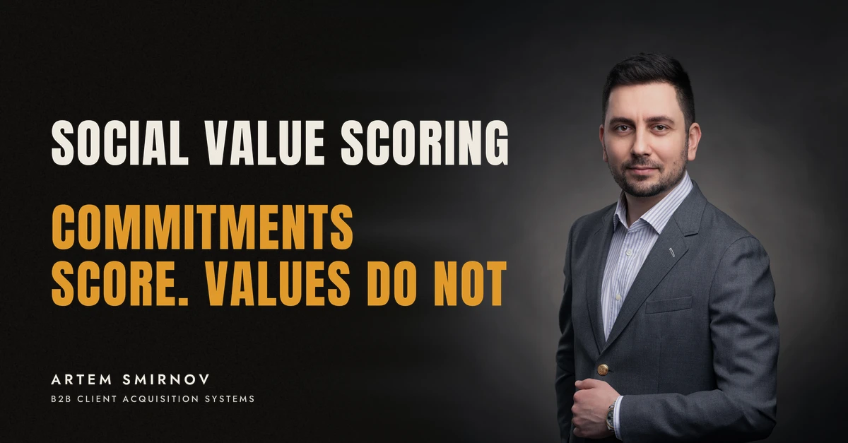 Artem Smirnov in a dark suit against a charcoal studio backdrop, next to the line 'SOCIAL VALUE SCORING. Commitments score. Values do not'