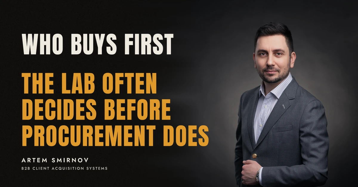 Artem Smirnov in a dark suit against a charcoal studio backdrop, next to the line 'WHO BUYS FIRST. The lab often decides before procurement does'