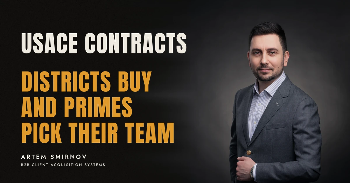 Artem Smirnov in a dark suit against a charcoal studio backdrop, next to the line 'USACE CONTRACTS. Districts buy and primes pick their team'