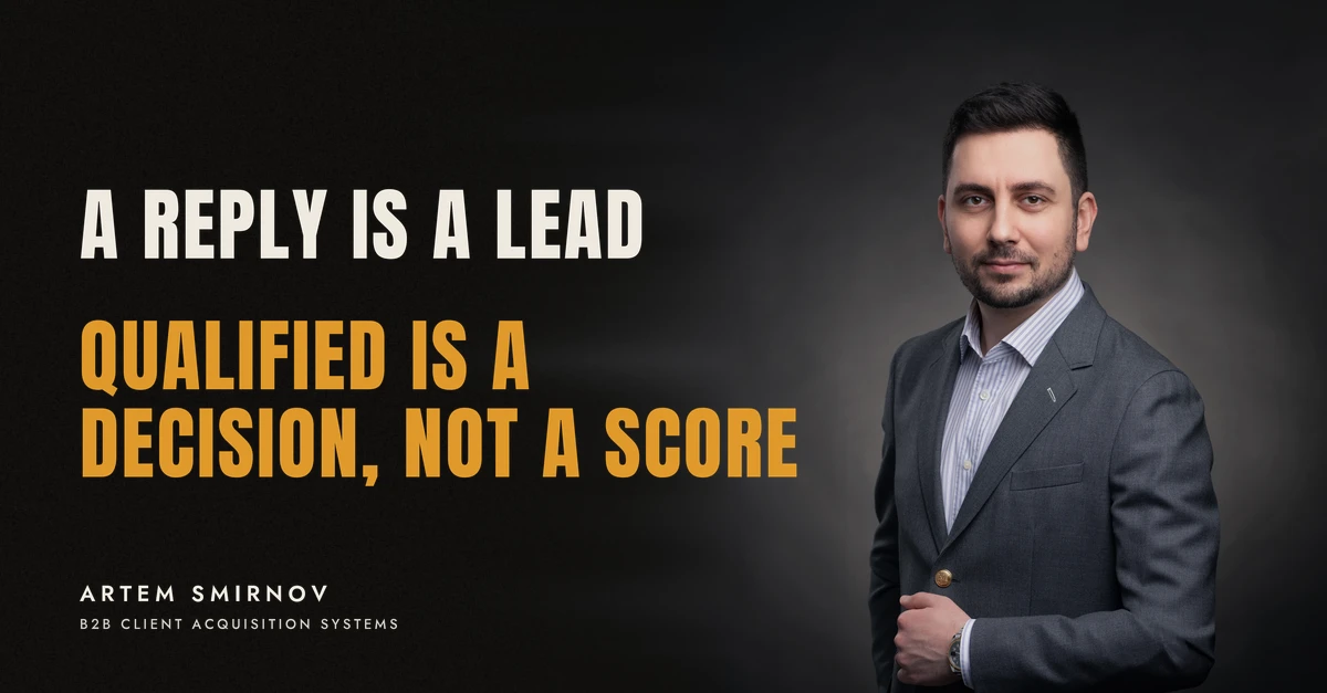 Artem Smirnov in a dark suit against a charcoal studio backdrop, next to the line 'A REPLY IS A LEAD. Qualified is a decision, not a score'