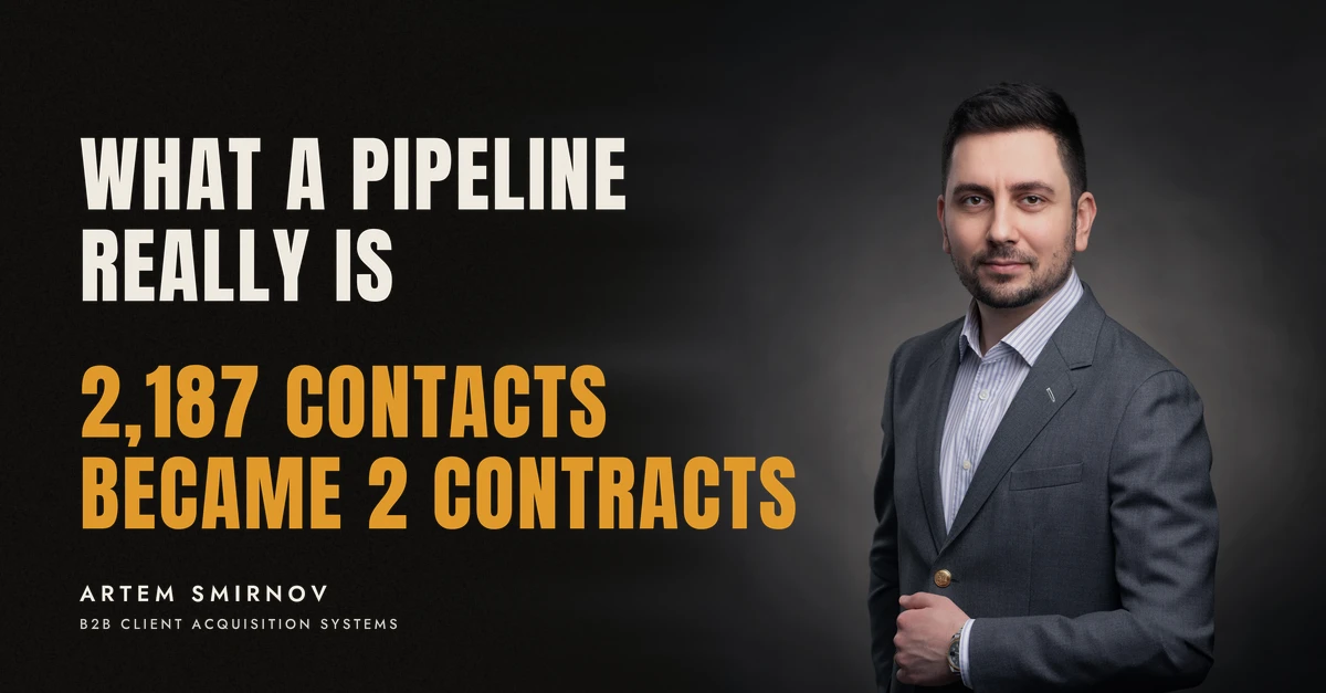 Artem Smirnov in a dark suit against a charcoal studio backdrop, next to the line 'WHAT A PIPELINE REALLY IS. 2,187 contacts became 2 contracts'