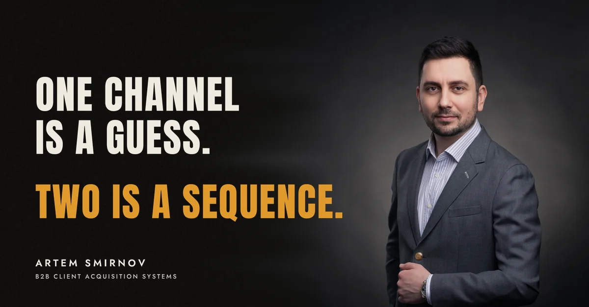 Artem Smirnov in a dark suit against a charcoal studio backdrop, next to the line 'One channel is a guess. Two is a sequence.'