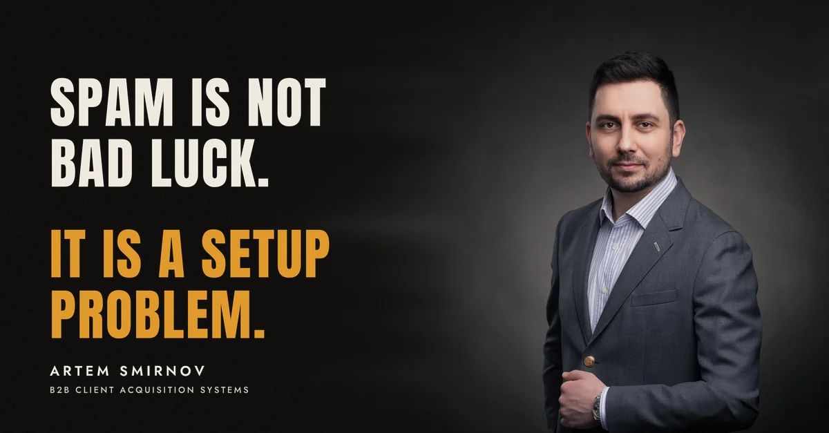 Artem Smirnov in a dark suit against a charcoal studio backdrop, next to the line 'Spam is not bad luck. It is a setup problem.'