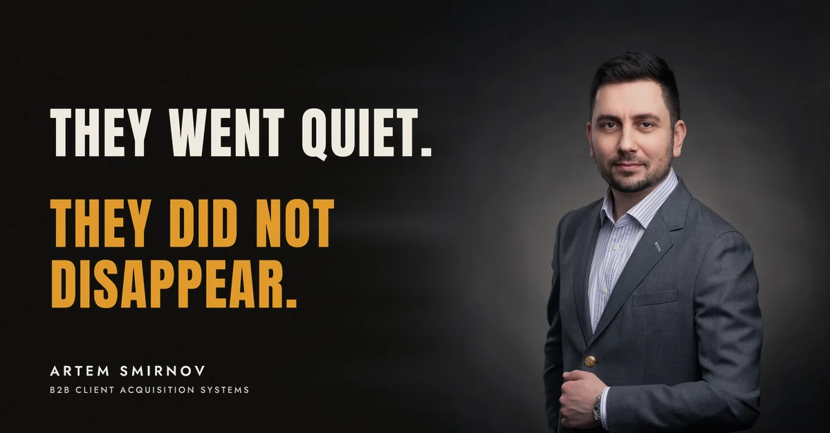 Artem Smirnov in a dark suit against a charcoal studio backdrop, next to the line 'They went quiet. They did not disappear.'