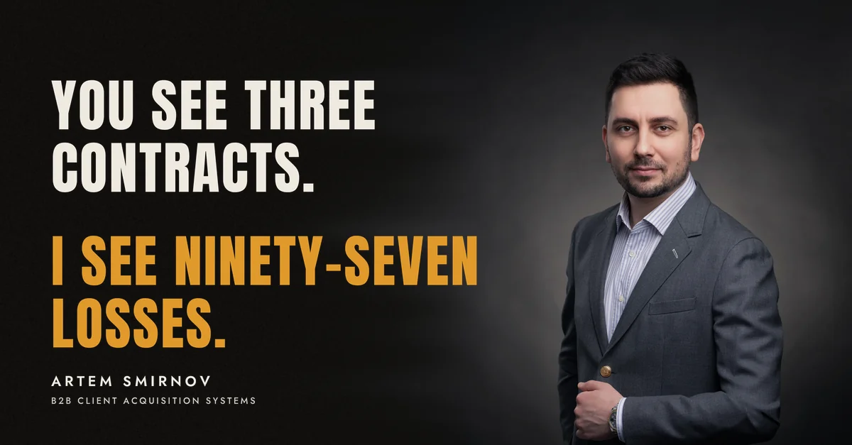 Artem Smirnov in a dark suit against a charcoal studio backdrop, next to the line 'You see three contracts. I see ninety-seven losses.'
