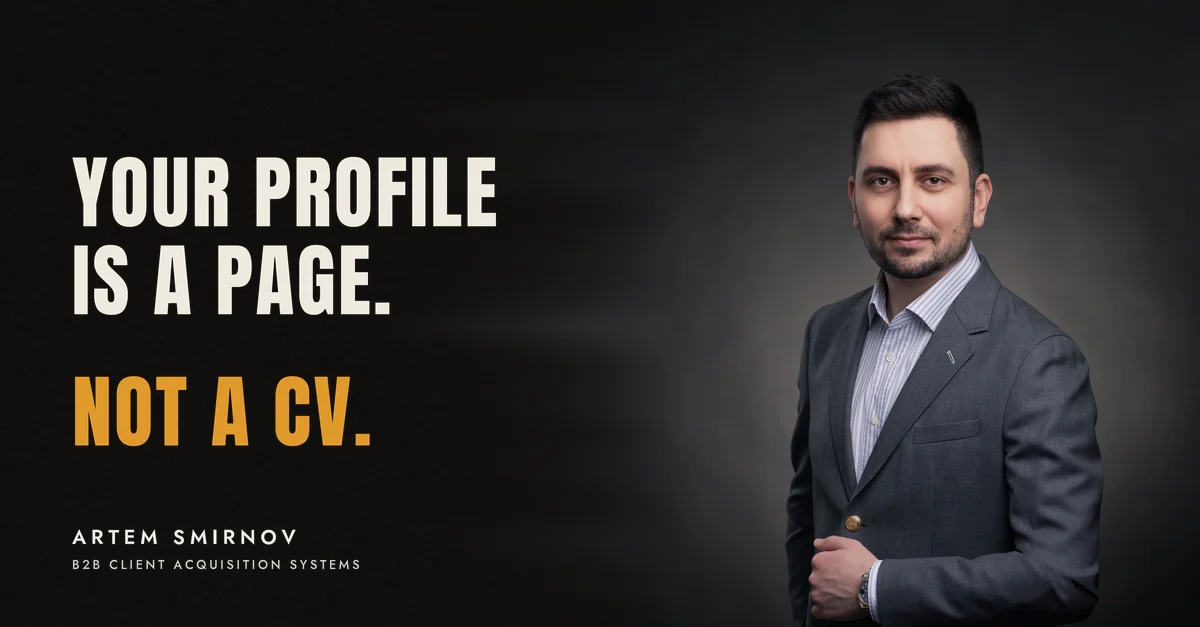Artem Smirnov in a dark suit against a charcoal studio backdrop, next to the line 'Your profile is a page. Not a CV.'