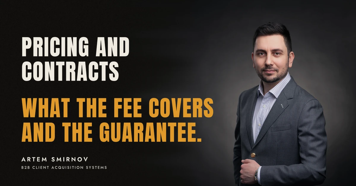 Artem Smirnov in a dark suit against a charcoal studio backdrop, next to the line 'PRICING AND CONTRACTS. What the fee covers and the guarantee.'